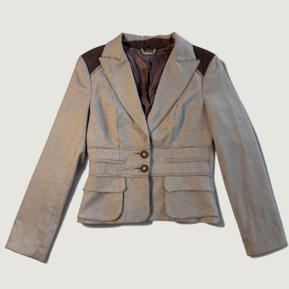 Bebe Houndstooth Blazer Brown Tan Corduroy Patch Peplum Jacket